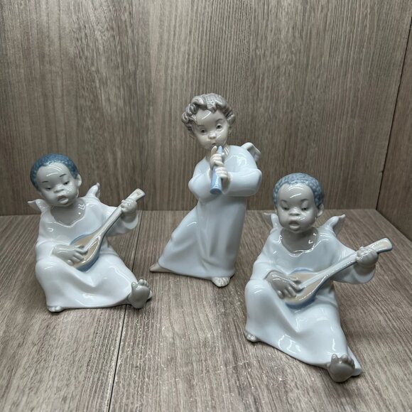 Lladró Other - Lladro Angel Figurines Flute & Lute Musicians Porcelain Cherub Set of 3 White